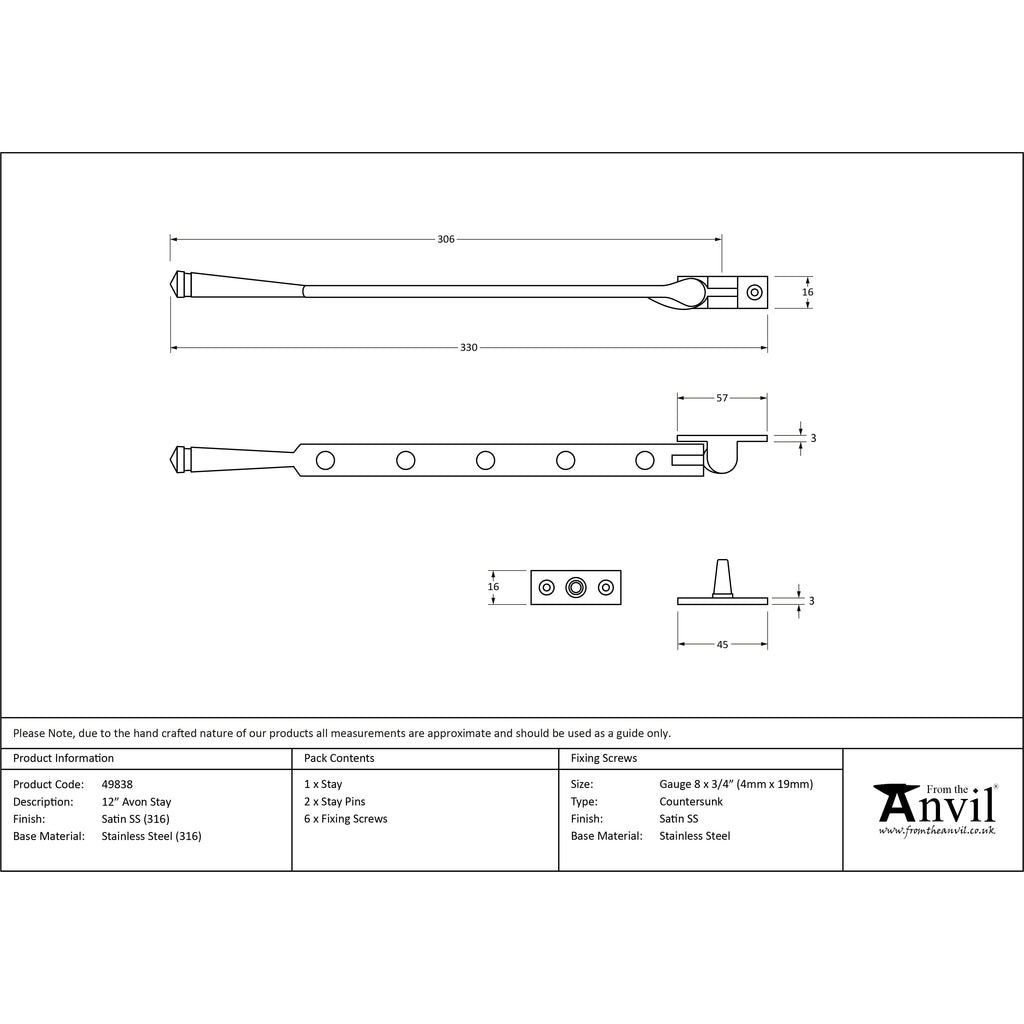 Satin Marine SS (316) 12" Avon Stay | From The Anvil-Stays-Yester Home