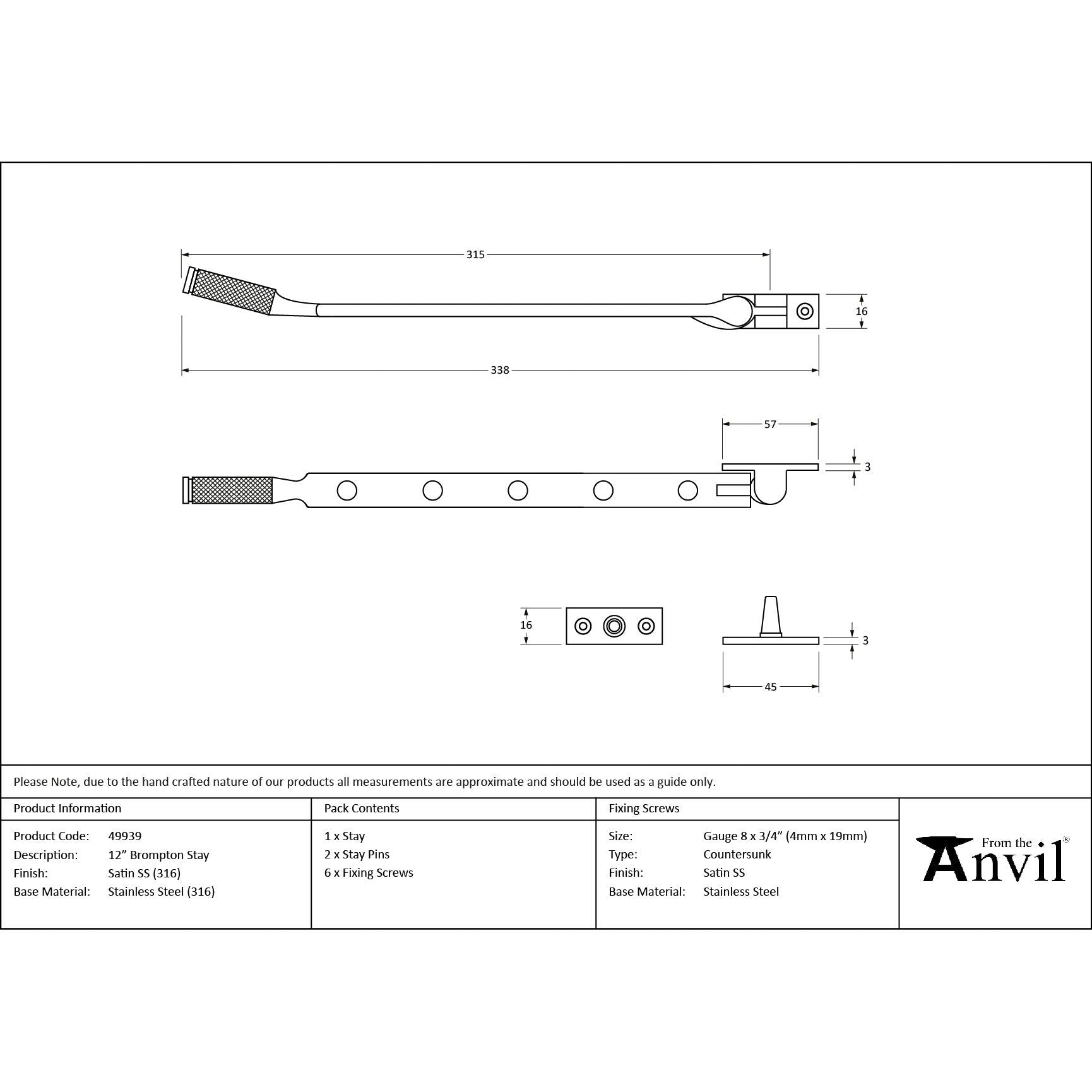 Satin Marine SS (316) 12" Brompton Stay | From The Anvil - Stays - From The Anvil - Yester Home