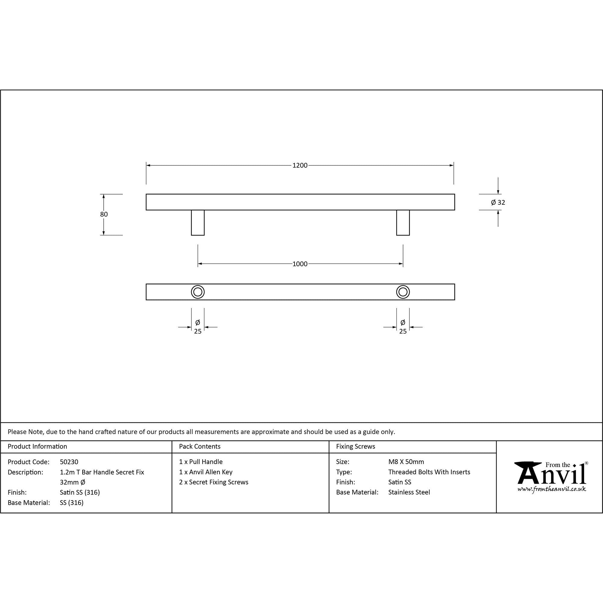 Satin Marine SS (316) 1.2m T Bar Handle Secret Fix 32mm Ø | From The Anvil - Door Pull Handles - From The Anvil - Yester Home