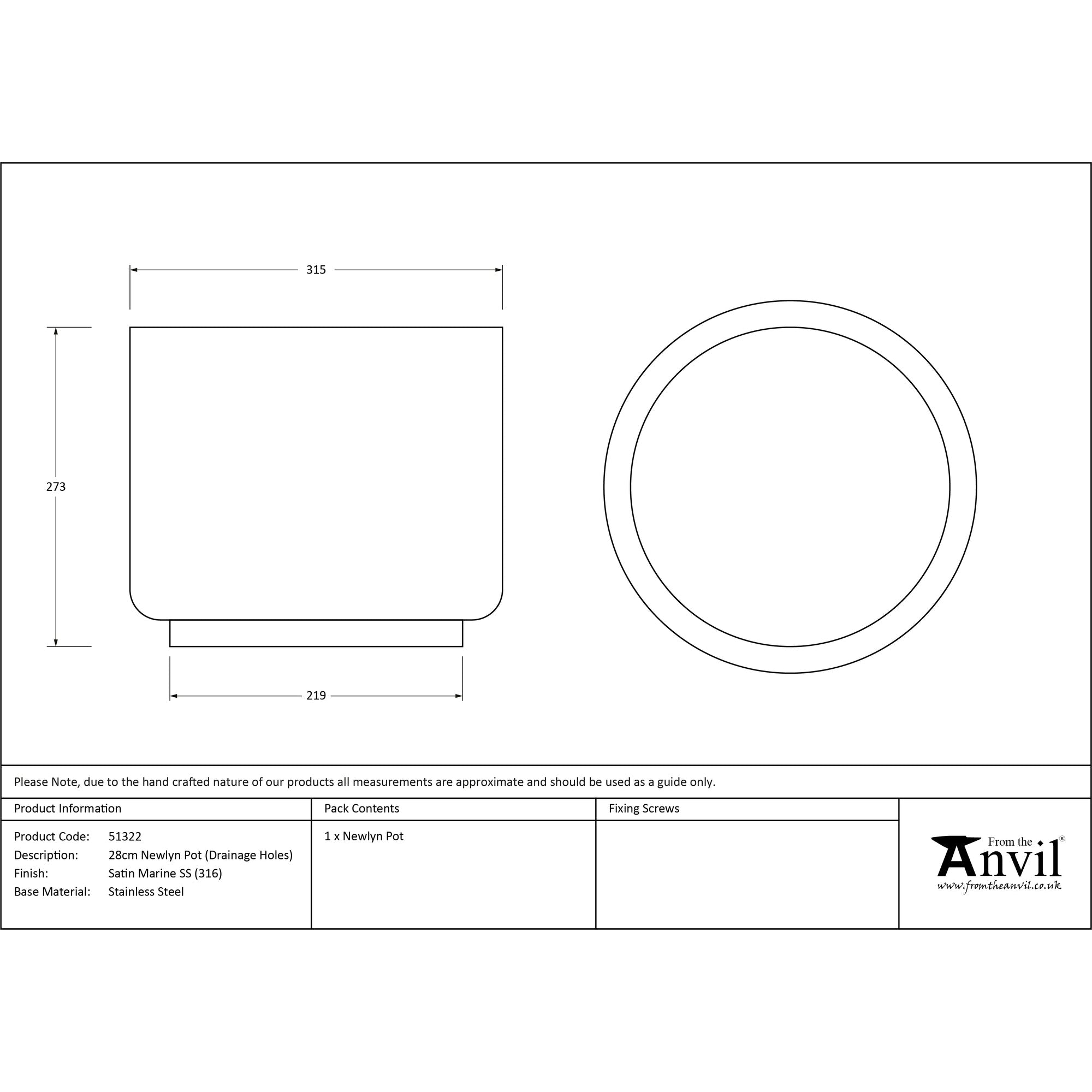 Satin Marine SS (316) 28cm Newlyn Pot (Drainage holes) | From The Anvil-Plant Pots-Yester Home