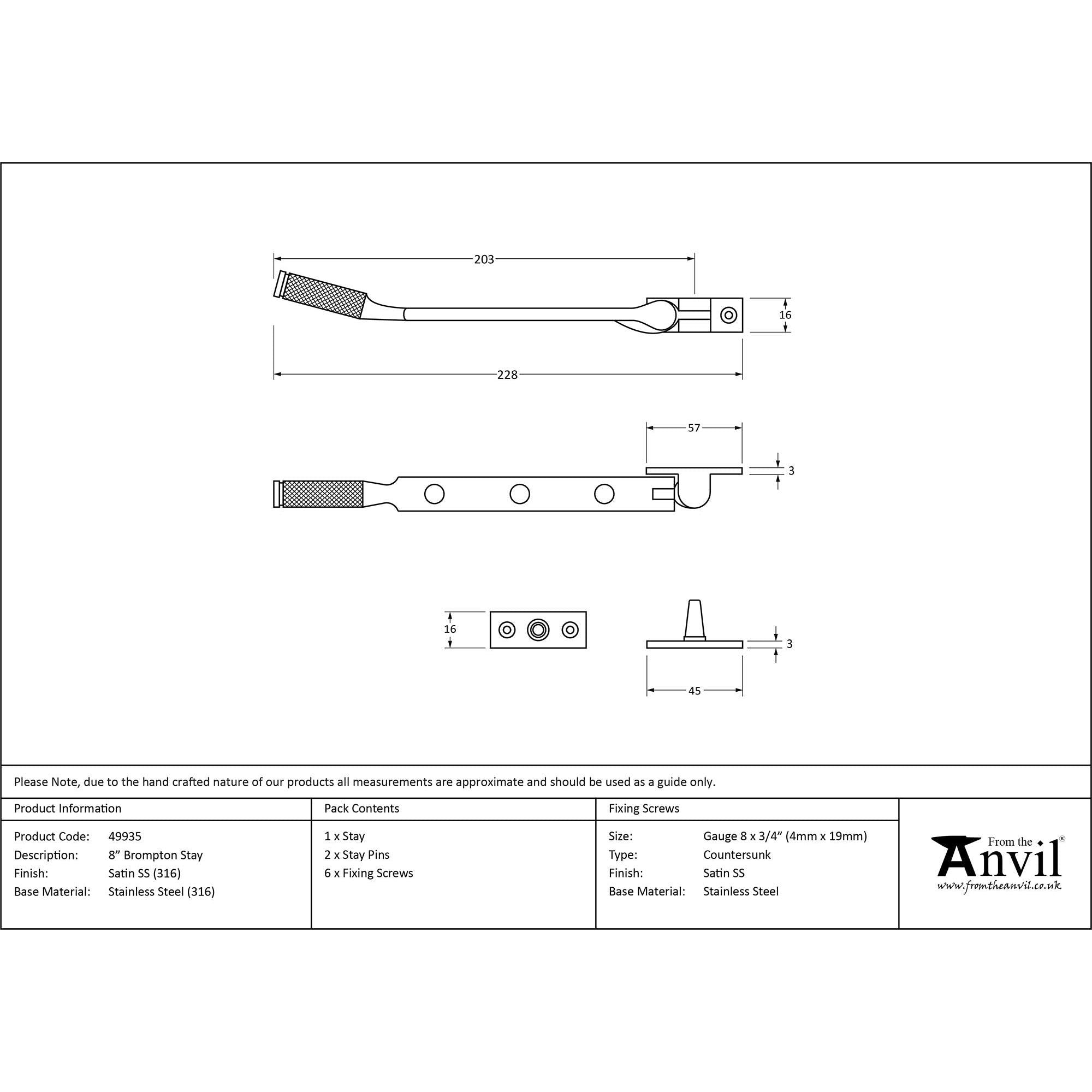 Satin Marine SS (316) 8" Brompton Stay | From The Anvil - Stays - From The Anvil - Yester Home