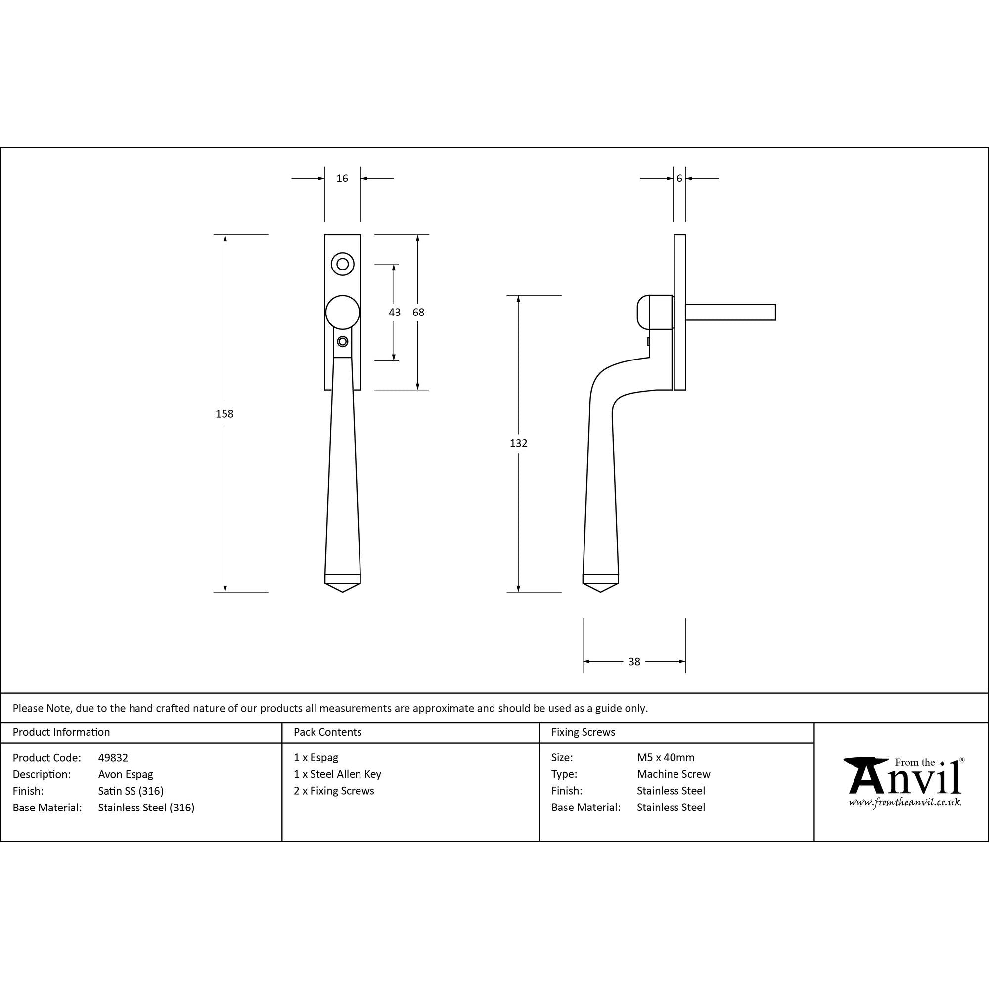 Satin Marine SS (316) Avon Espag | From The Anvil - Espag. Fasteners - From The Anvil - Yester Home