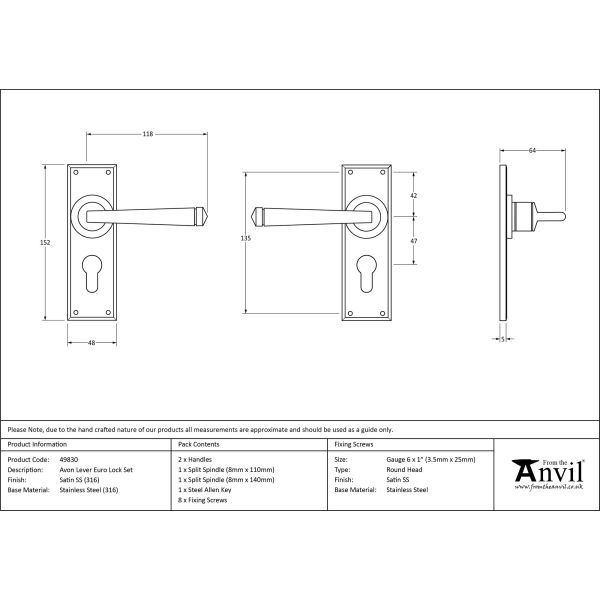 Satin Marine SS (316) Avon Lever Euro Lock Set | From The Anvil-Lever Euro-Yester Home