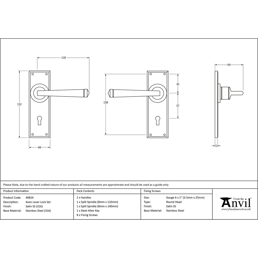 Satin Marine SS (316) Avon Lever Lock Set | From The Anvil-Lever Lock-Yester Home