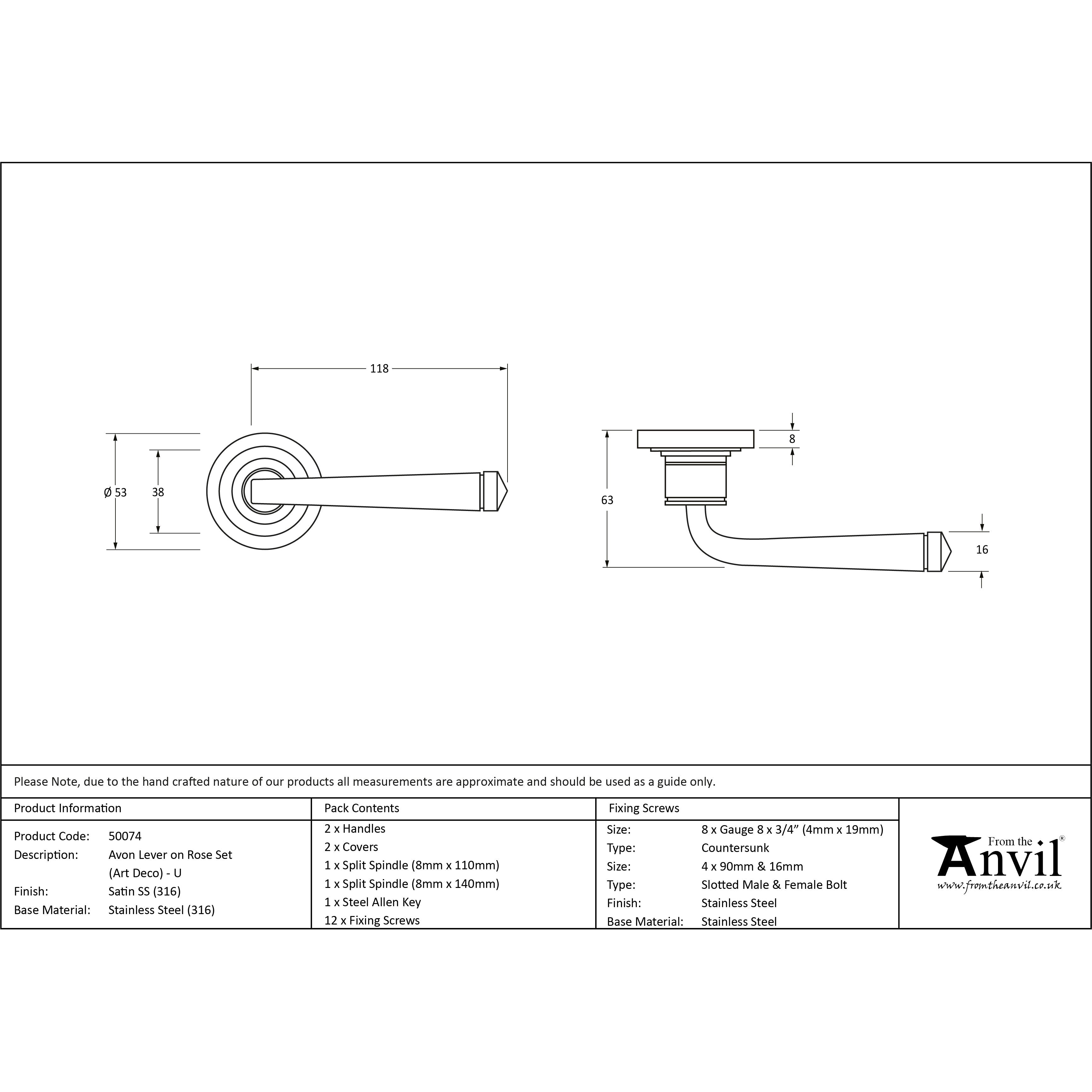 Satin Marine SS (316) Avon Round Lever on Rose Set (Art Deco) - Unsprung | From The Anvil-Concealed-Yester Home