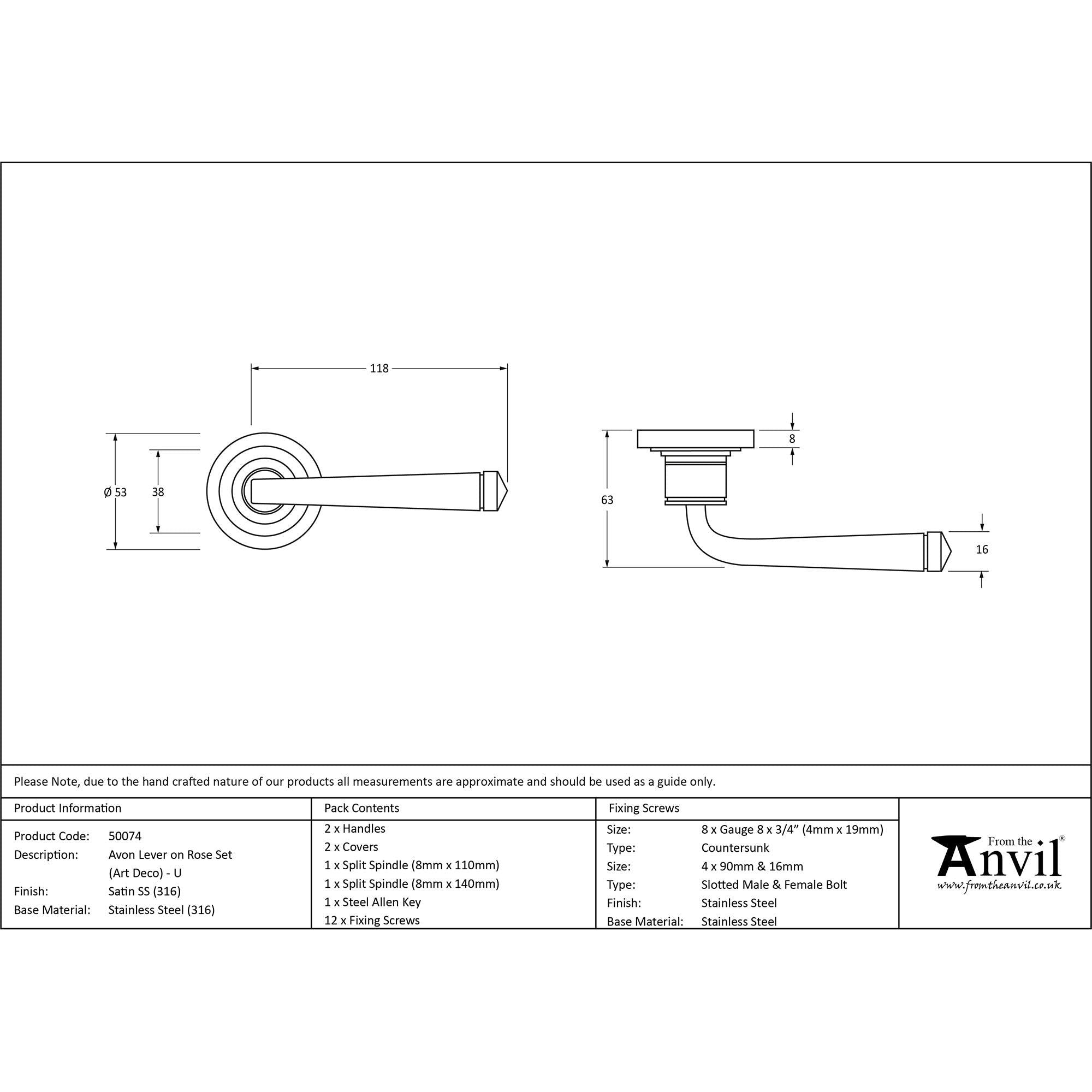 Satin Marine SS (316) Avon Round Lever on Rose Set (Art Deco) - Unsprung | From The Anvil - Concealed - From The Anvil - Yester Home
