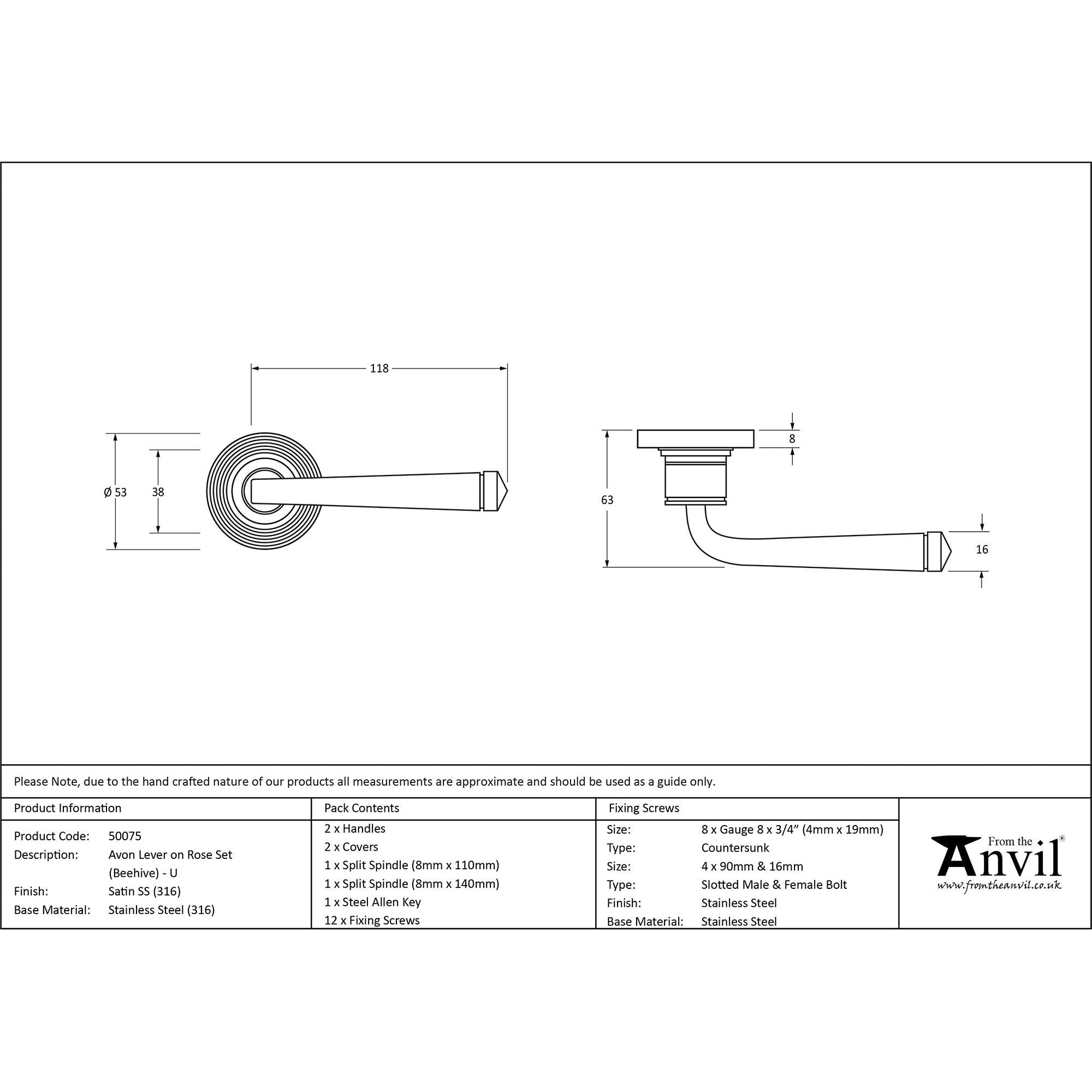 Satin Marine SS (316) Avon Round Lever on Rose Set (Beehive) - Unsprung | From The Anvil - Concealed - From The Anvil - Yester Home