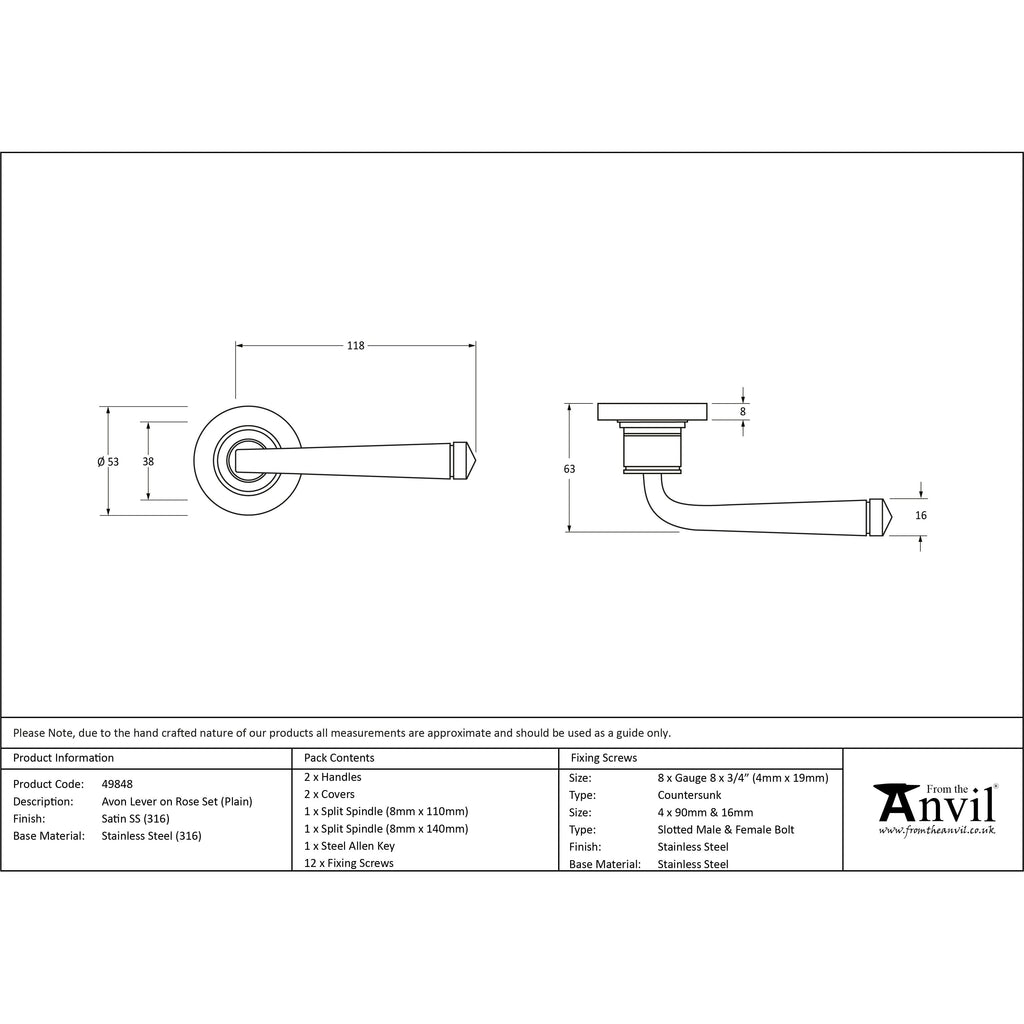 Satin Marine SS (316) Avon Round Lever on Rose Set (Plain) | From The Anvil-Concealed-Yester Home