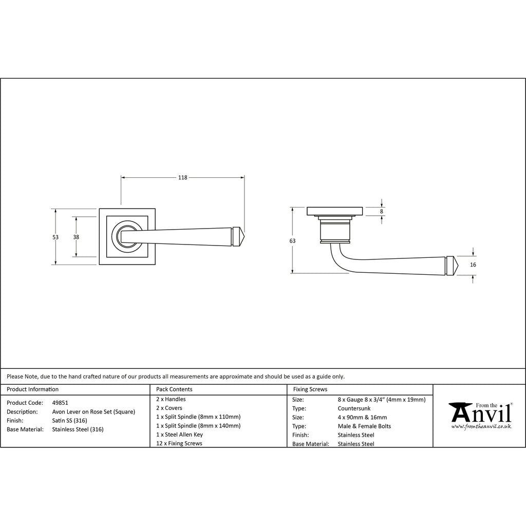 Satin Marine SS (316) Avon Round Lever on Rose Set (Square) | From The Anvil-Concealed-Yester Home