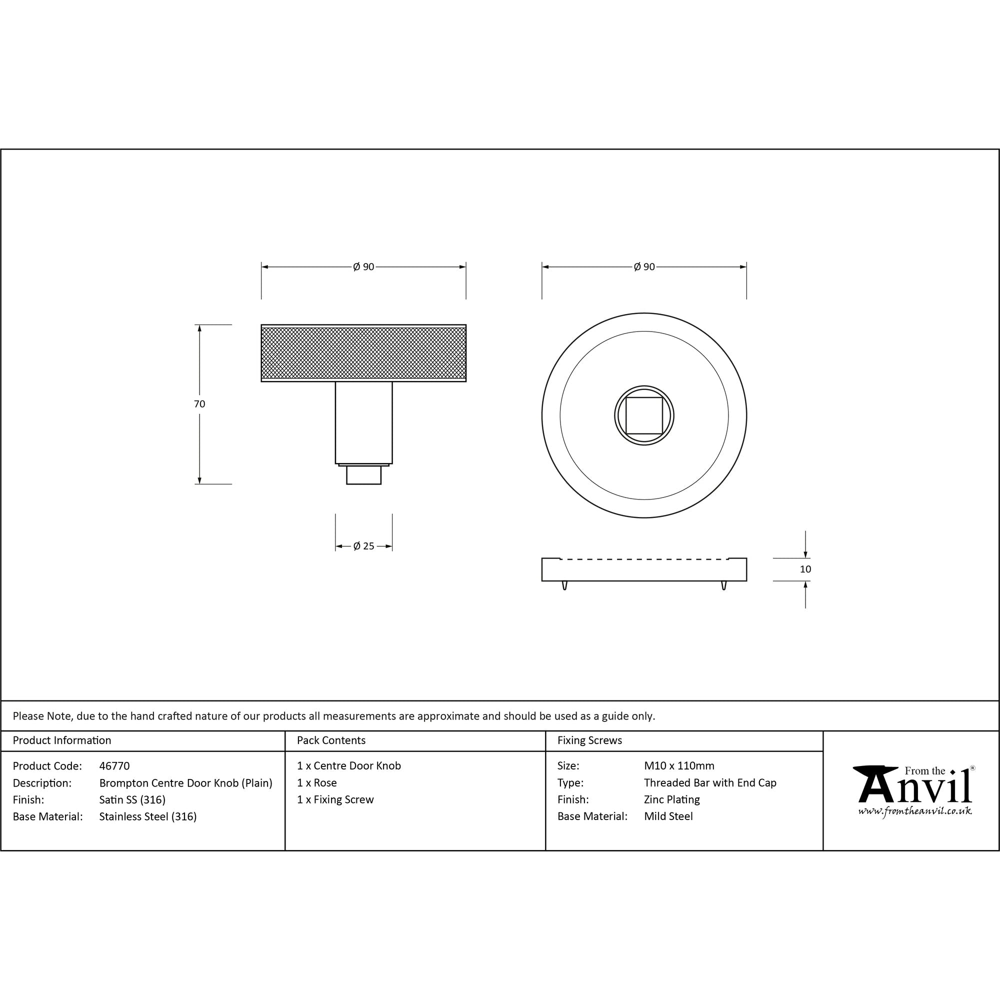 Satin Marine SS (316) Brompton Centre Door Knob (Plain) | From The Anvil-Centre Door Knobs-Yester Home
