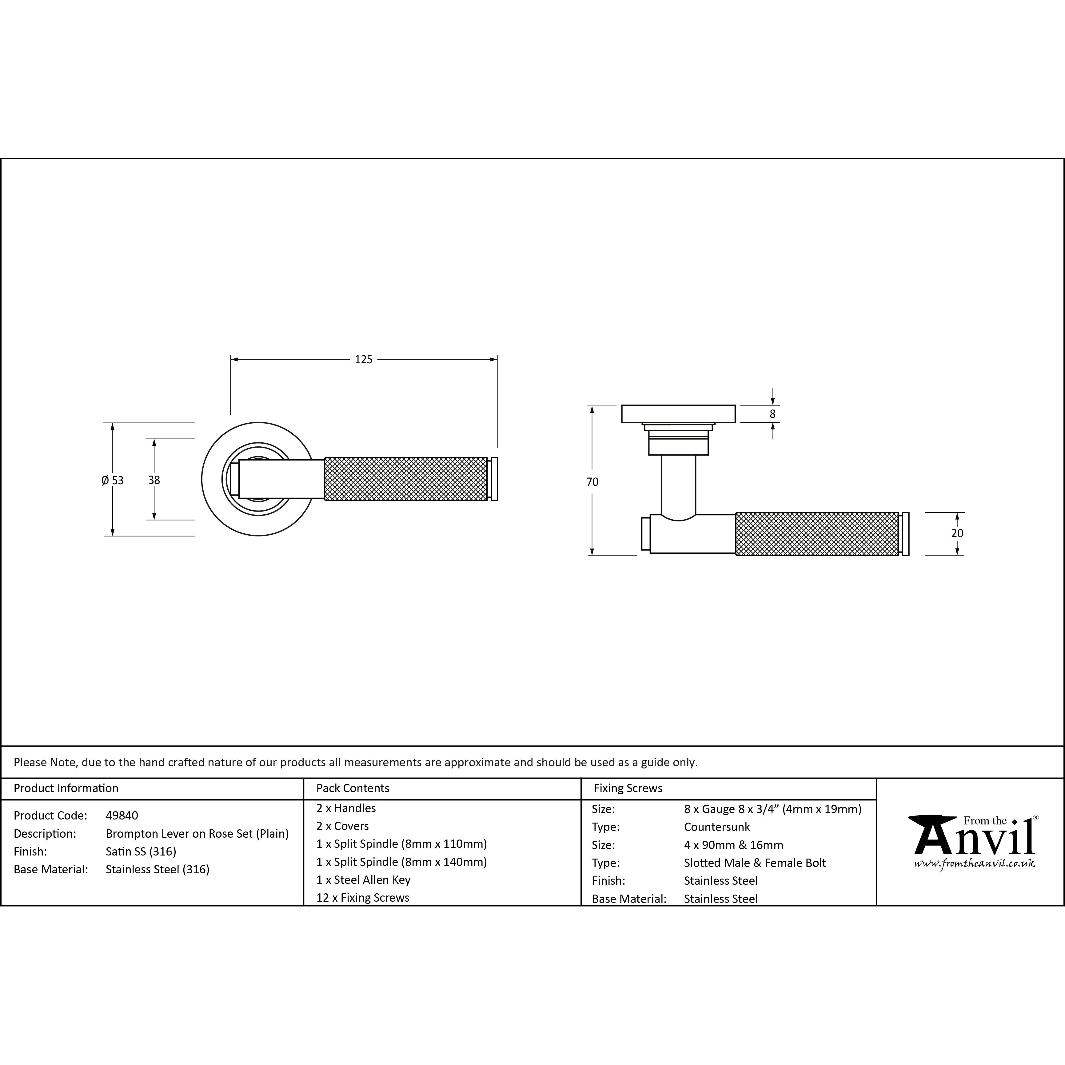 Satin Marine SS (316) Brompton Lever on Rose Set (Plain) | From The Anvil-Concealed-Yester Home