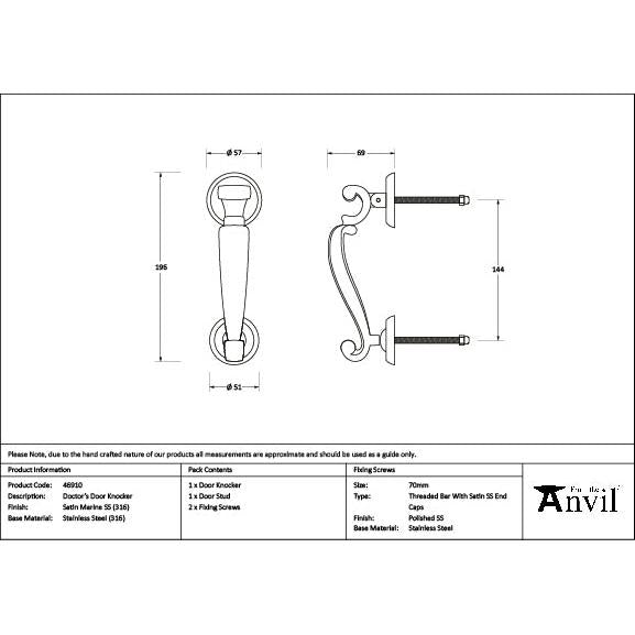 Satin Marine SS (316) Doctor's Door Knocker - Bolt-Through Door Knockers - From The Anvil - Yester Home