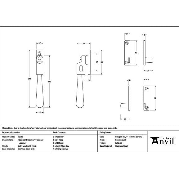 Satin Marine SS (316) Night-Vent Locking Newbury Fastener - Night-Vent Fasteners - From The Anvil - Yester Home