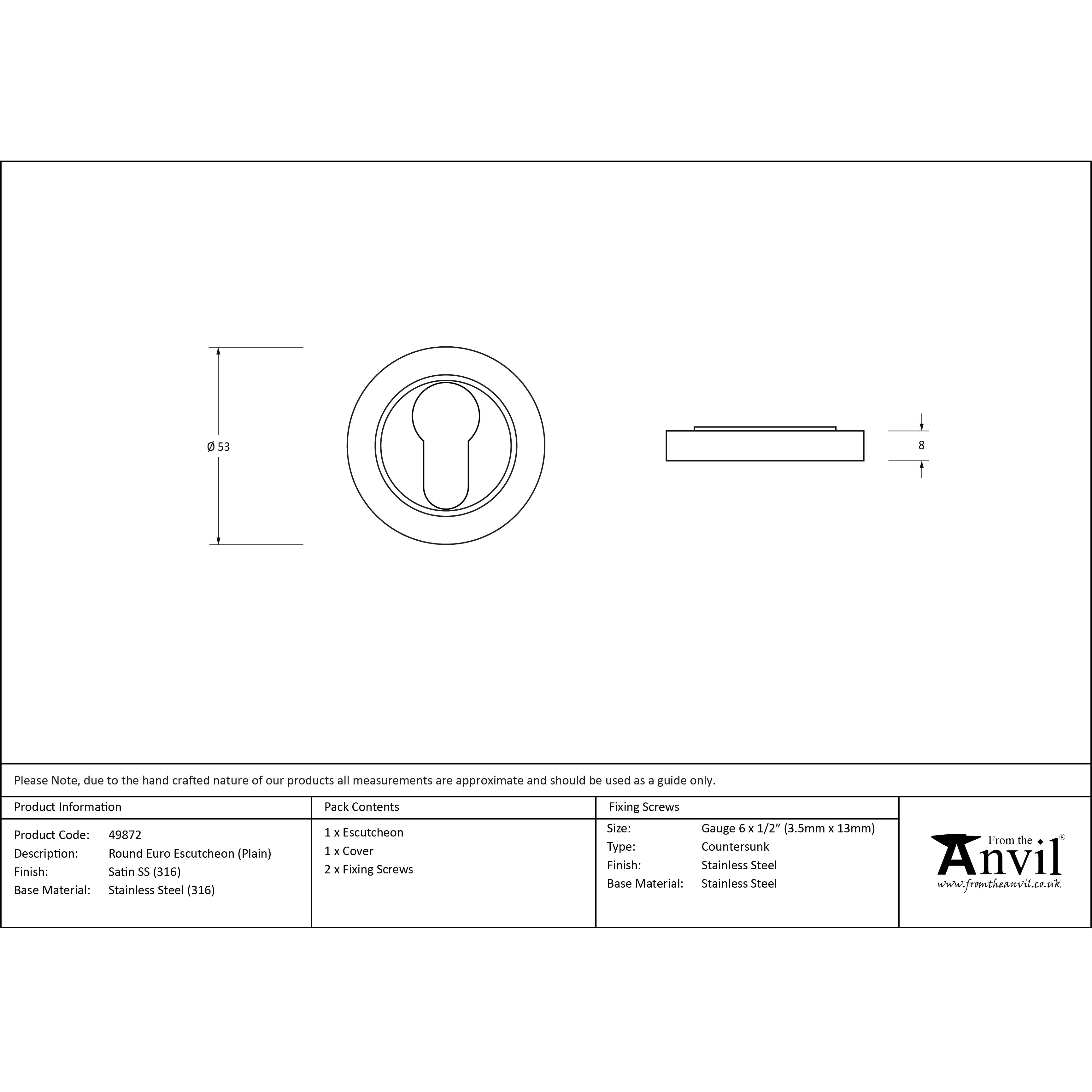 Satin Marine SS (316) Round Euro Escutcheon (Plain) | From The Anvil-Euro Escutcheons-Yester Home