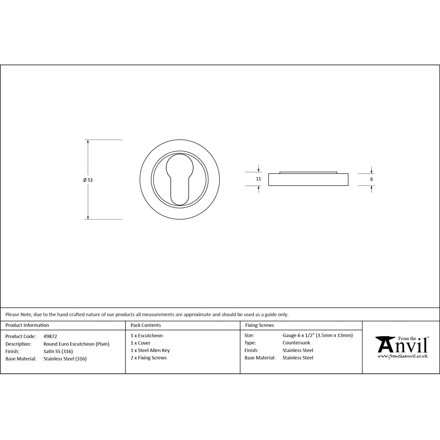 Satin Marine SS (316) Round Euro Escutcheon (Plain) | From The Anvil - Euro Escutcheons - From The Anvil - Yester Home