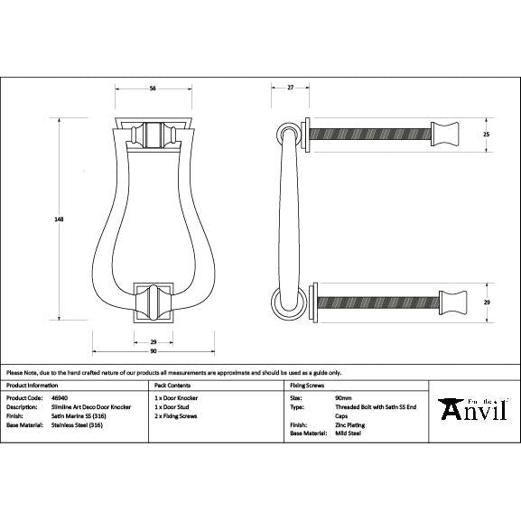 Satin Marine SS (316) Slimline Art Deco Door Knocker - Bolt-Through Door Knockers - From The Anvil - Yester Home