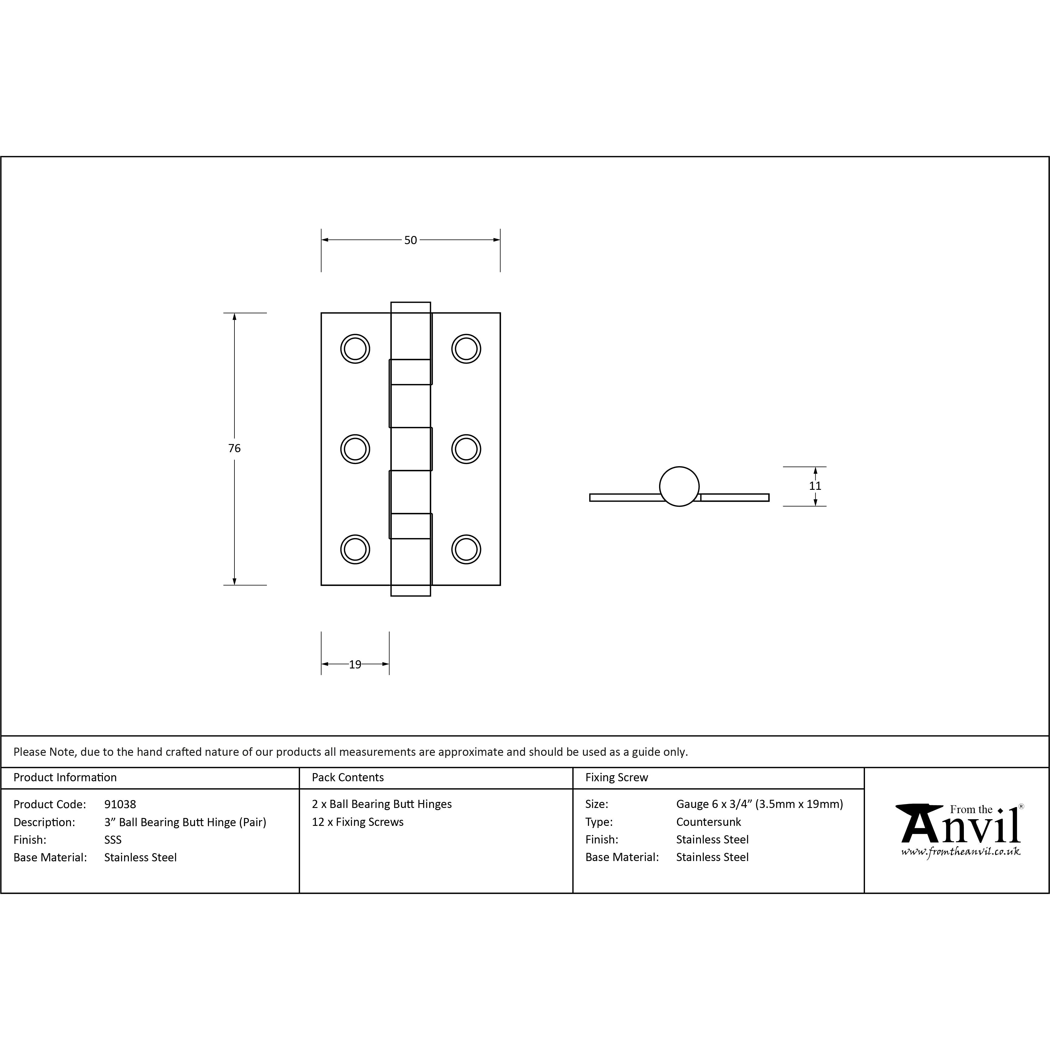 Satin SS 3" Ball Bearing Butt Hinge (pair) | From The Anvil-Butt Hinges-Yester Home