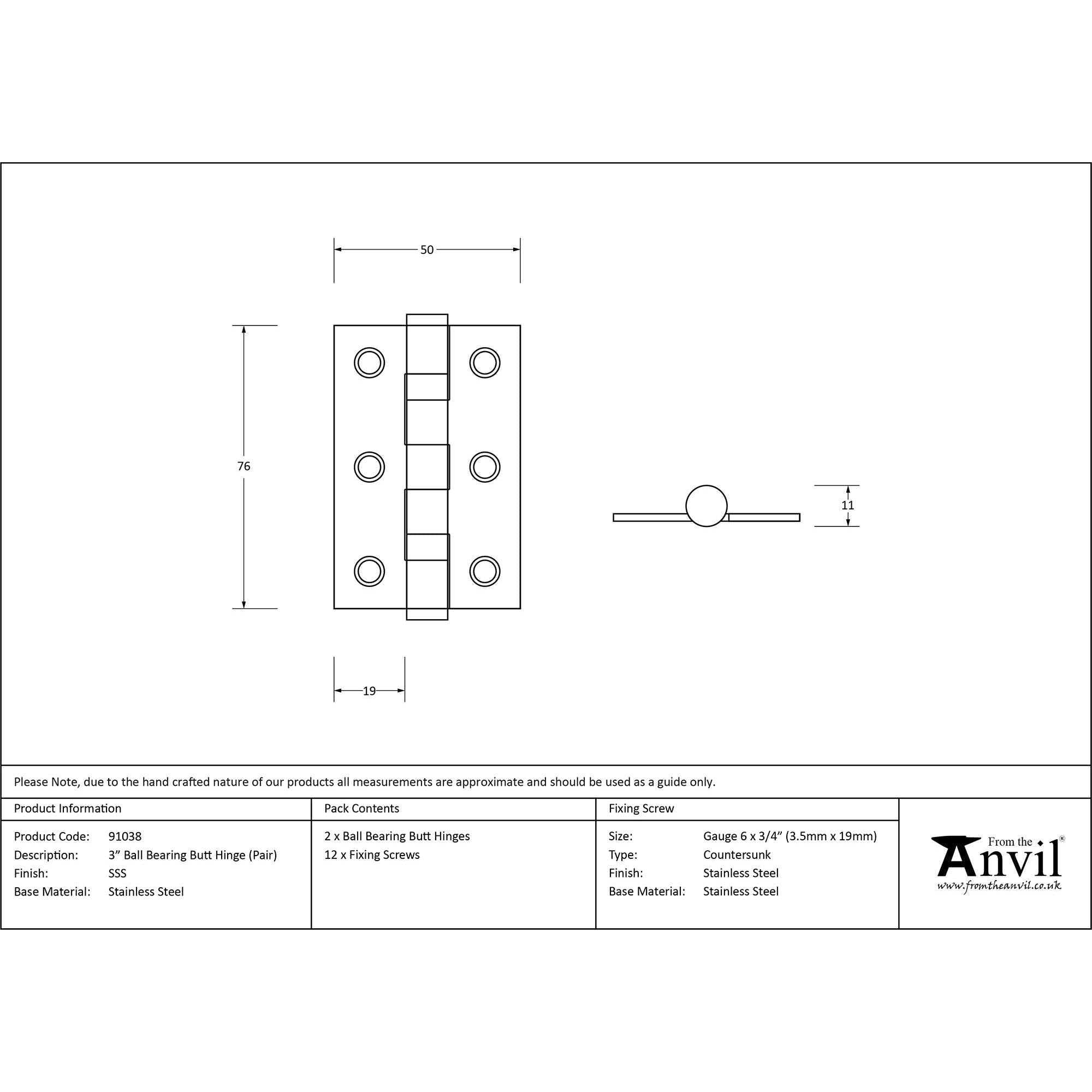 Satin SS 3" Ball Bearing Butt Hinge (pair) | From The Anvil - Butt Hinges - From The Anvil - Yester Home