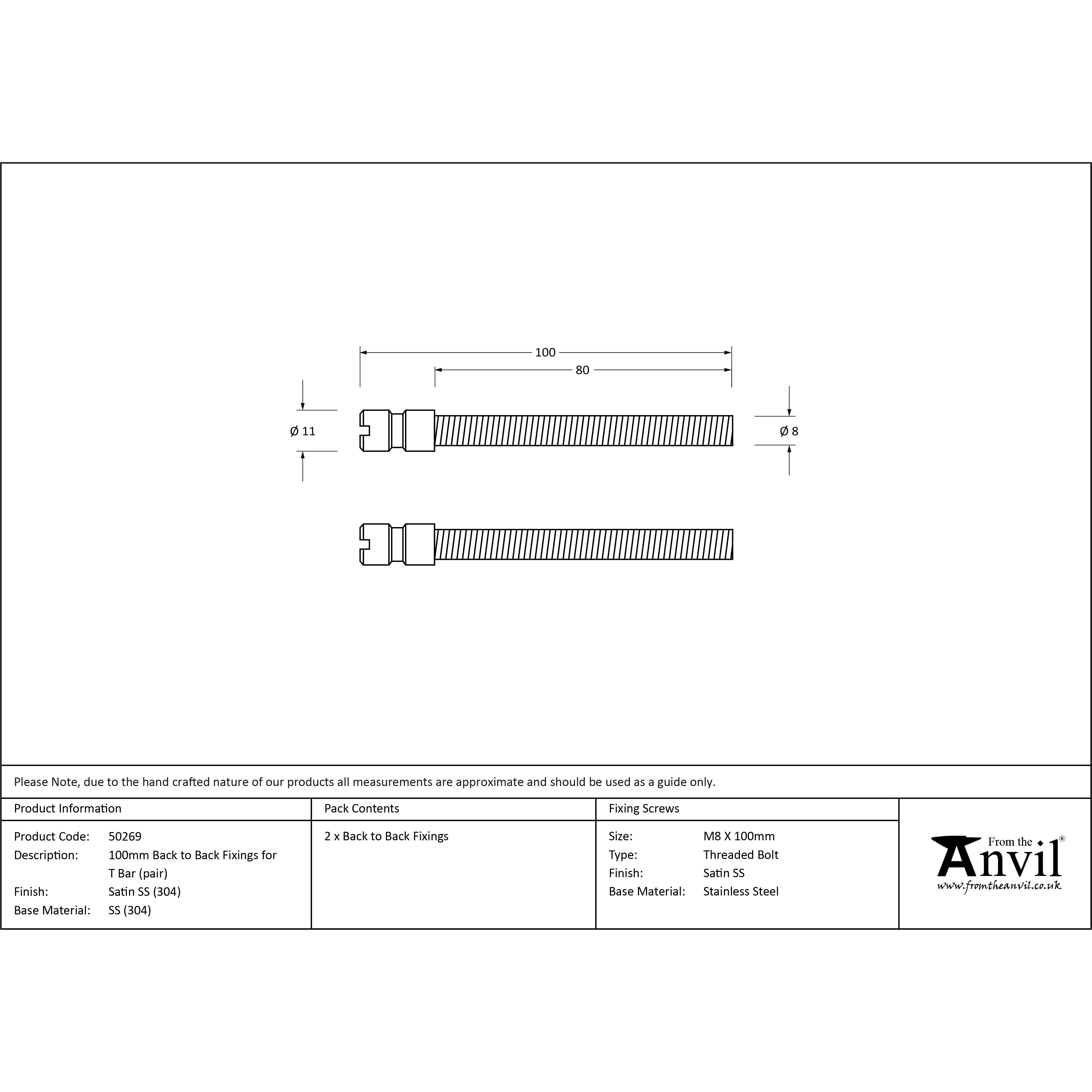 Satin SS (304) 100mm Back to Back Fixings for T Bar (2) | From The Anvil-Pull Handles-Yester Home