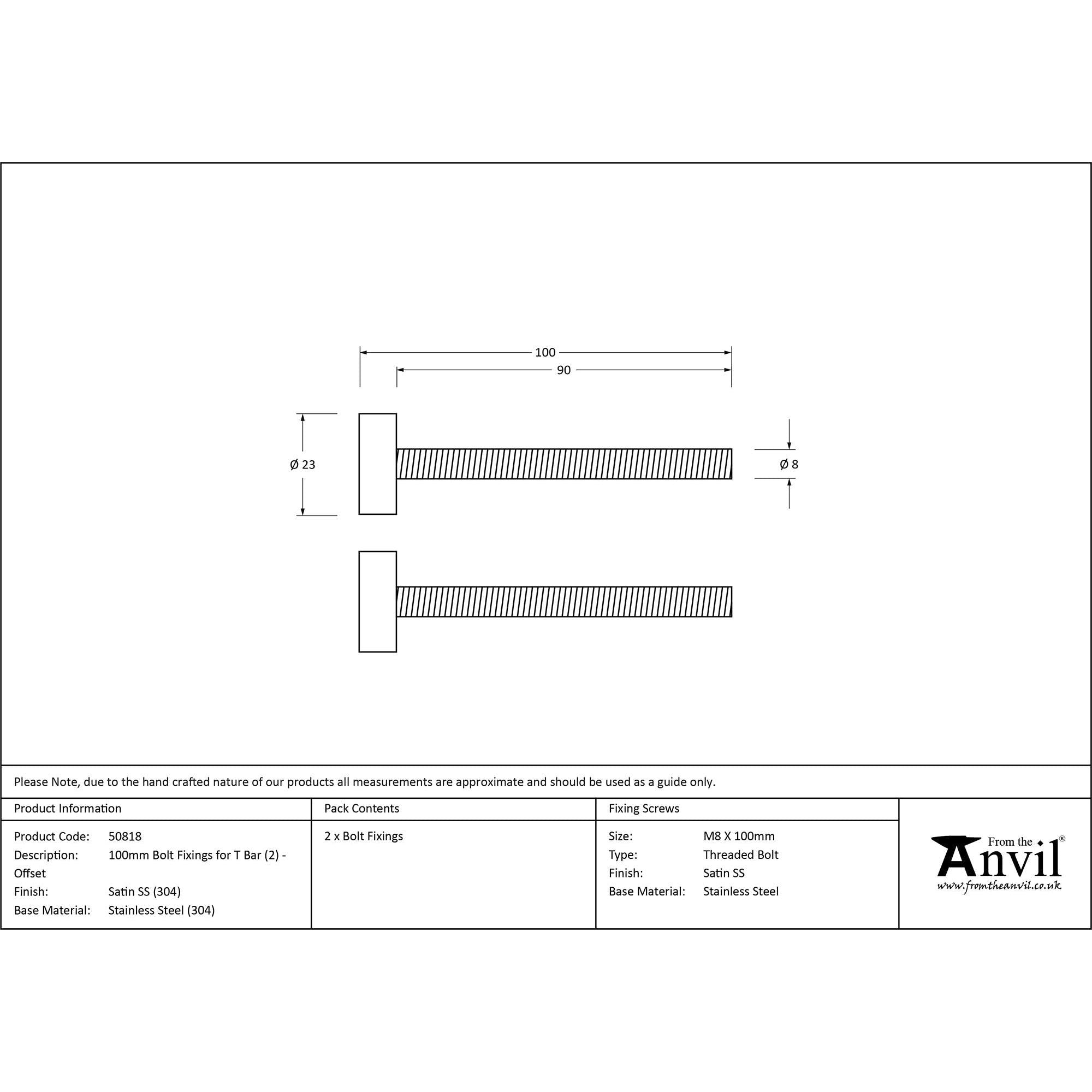 Satin SS (304) 100mm Bolt Fixings for T Bar (2) - Offset | From The Anvil - Door Pull Handles - From The Anvil - Yester Home