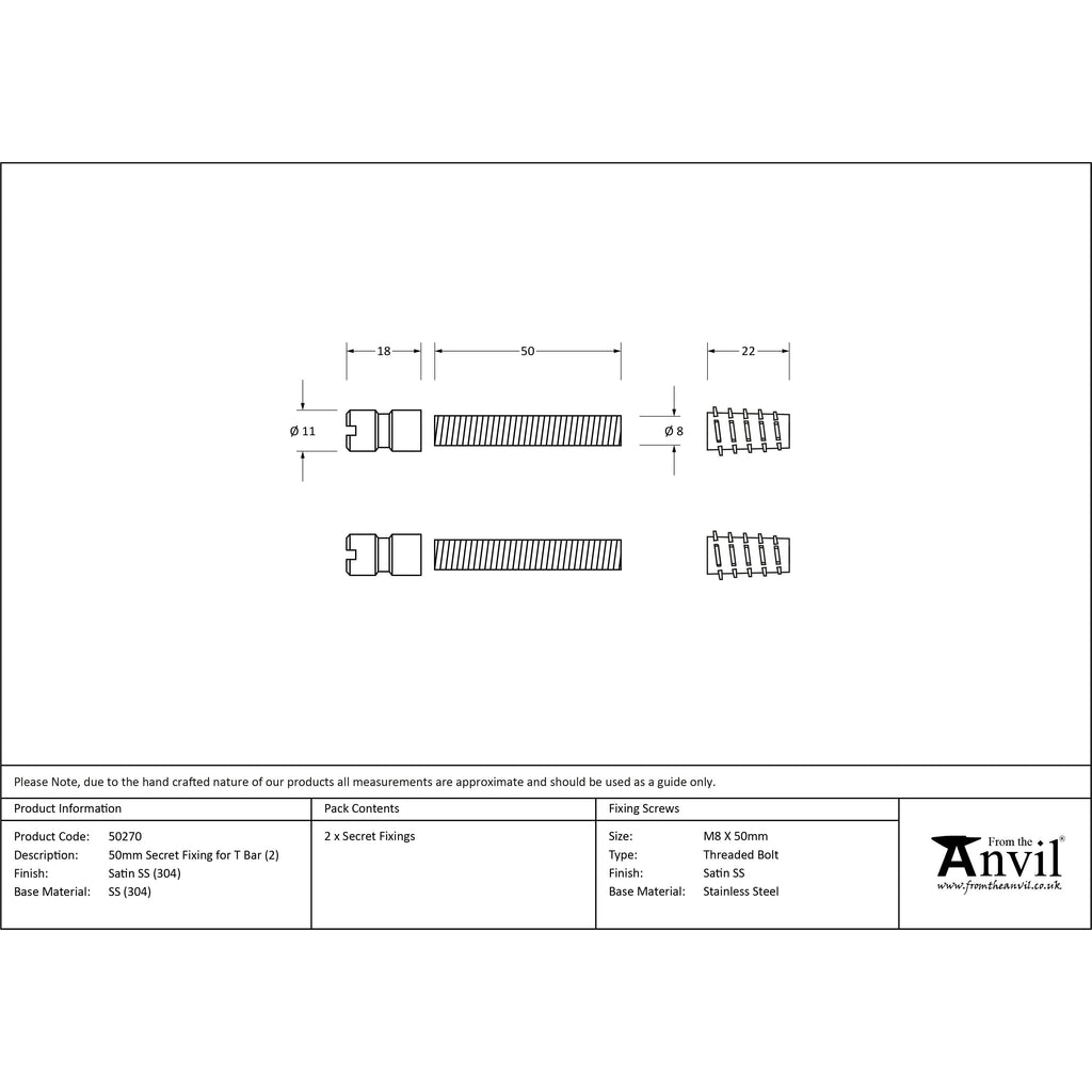 Satin SS (304) 50mm Secret Fixings for T Bar (2) | From The Anvil-Pull Handles-Yester Home