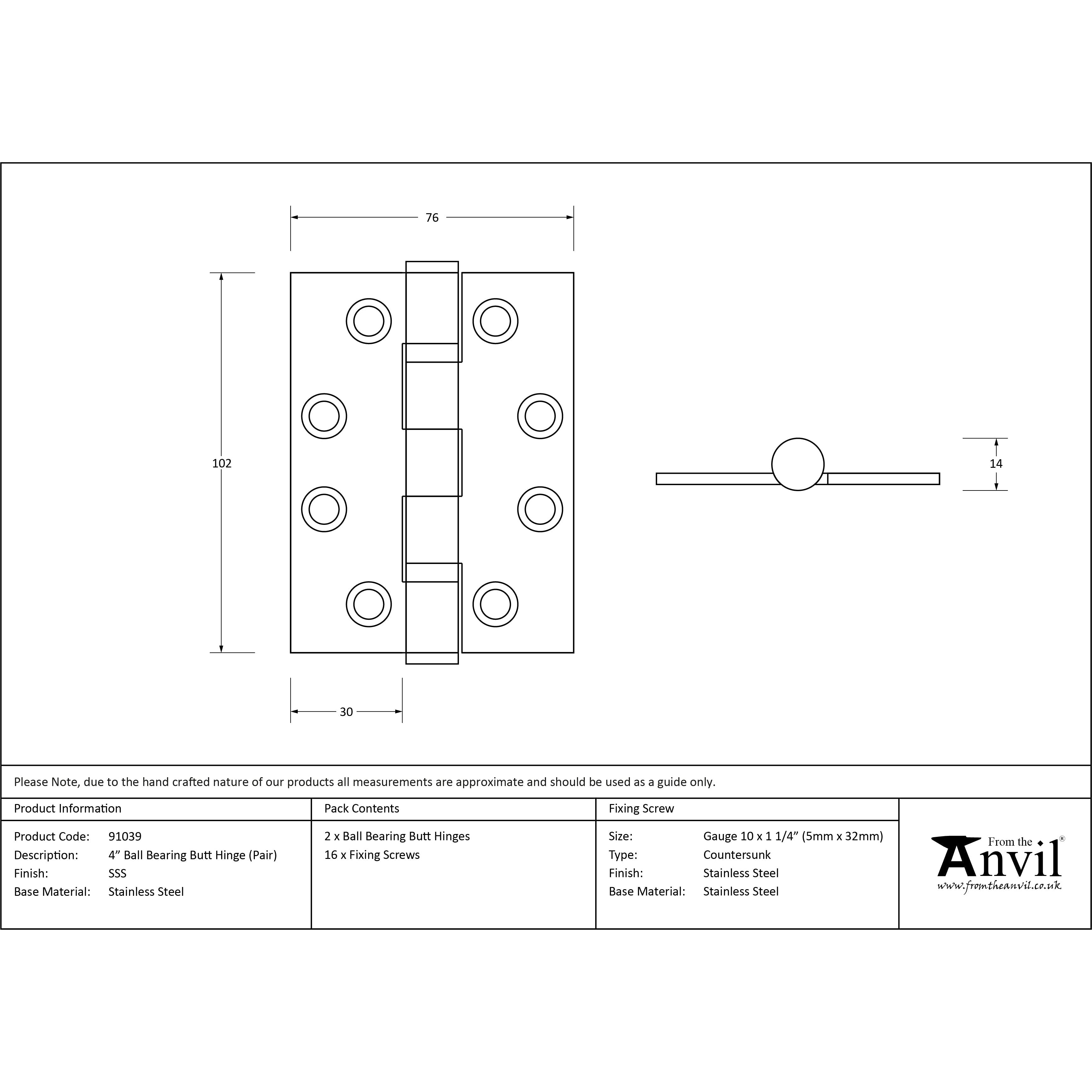 Satin SS 4" Ball Bearing Butt Hinge (pair) F/R | From The Anvil-Butt Hinges-Yester Home
