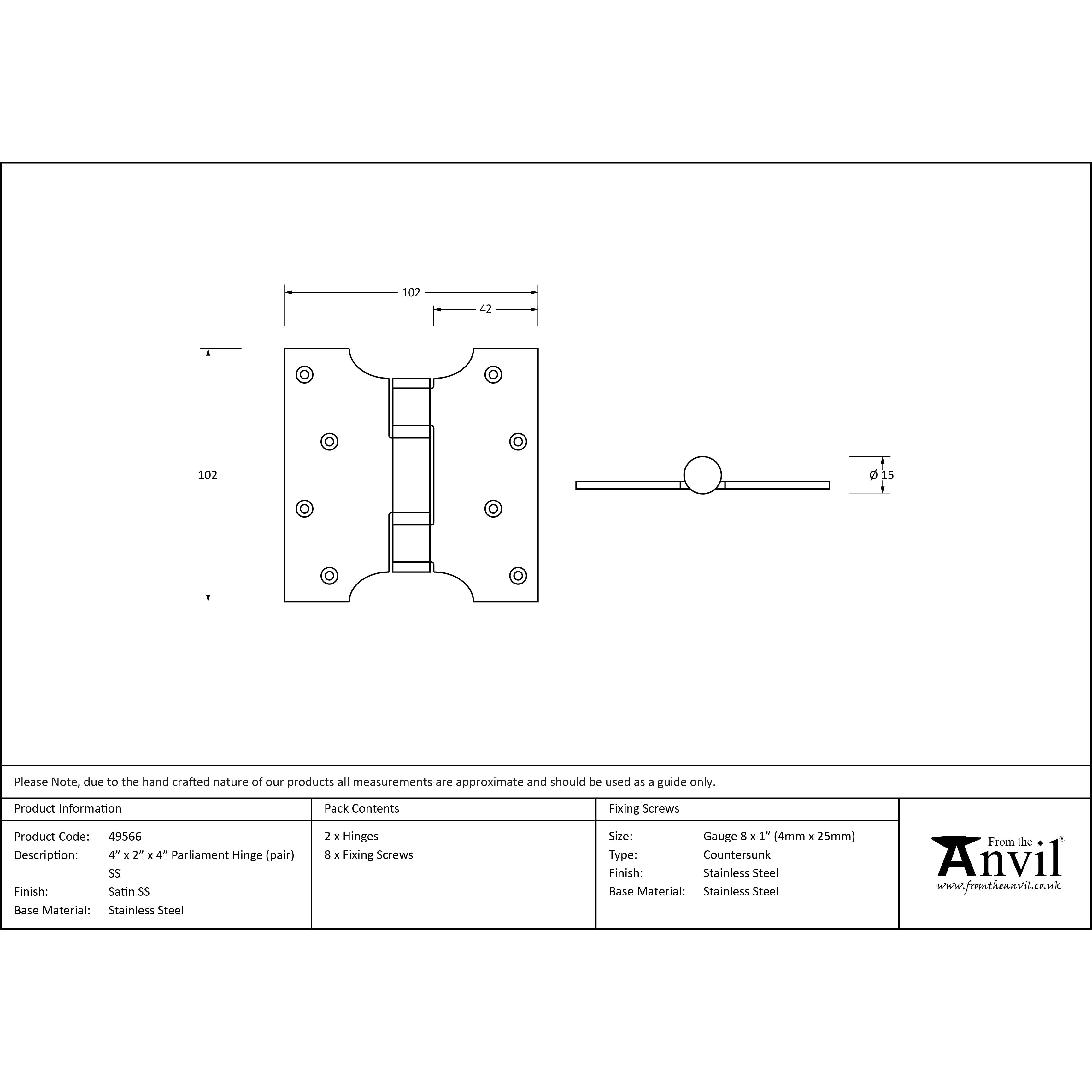 Satin SS 4" x 2" x 4" Parliament Hinge (pair) | From The Anvil-Parliament Hinges-Yester Home