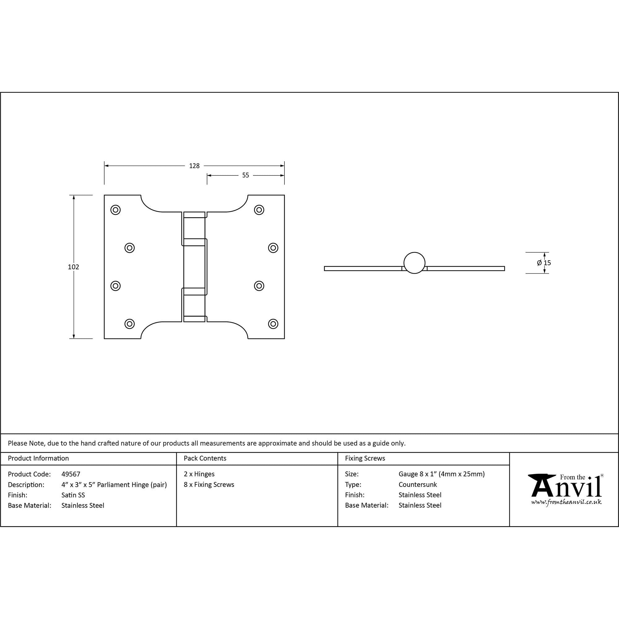 Satin SS 4" x 3" x 5"  Parliament Hinge (pair) | From The Anvil - Parliament Hinges - From The Anvil - Yester Home