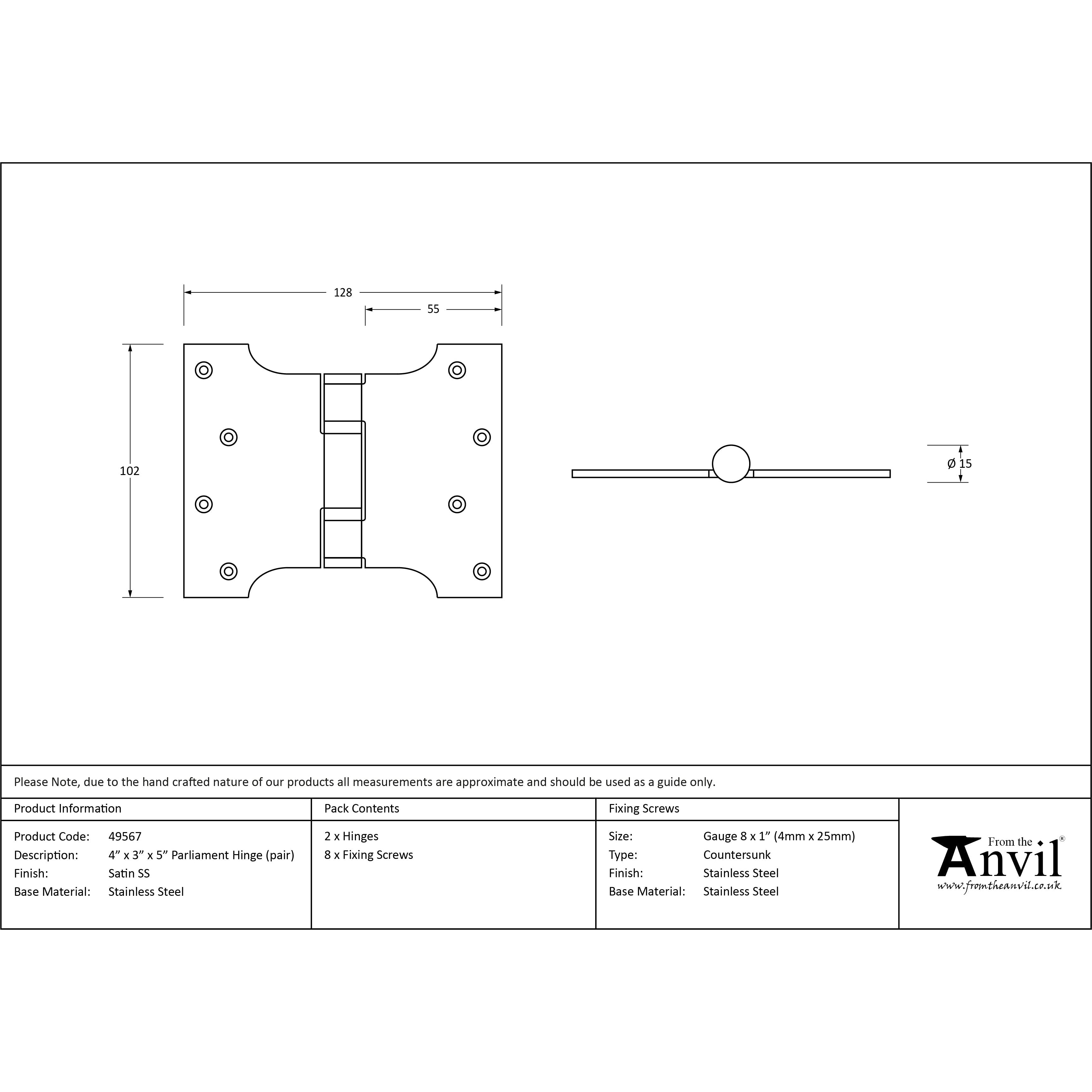 Satin SS 4" x 3" x 5" Parliament Hinge (pair) | From The Anvil-Parliament Hinges-Yester Home