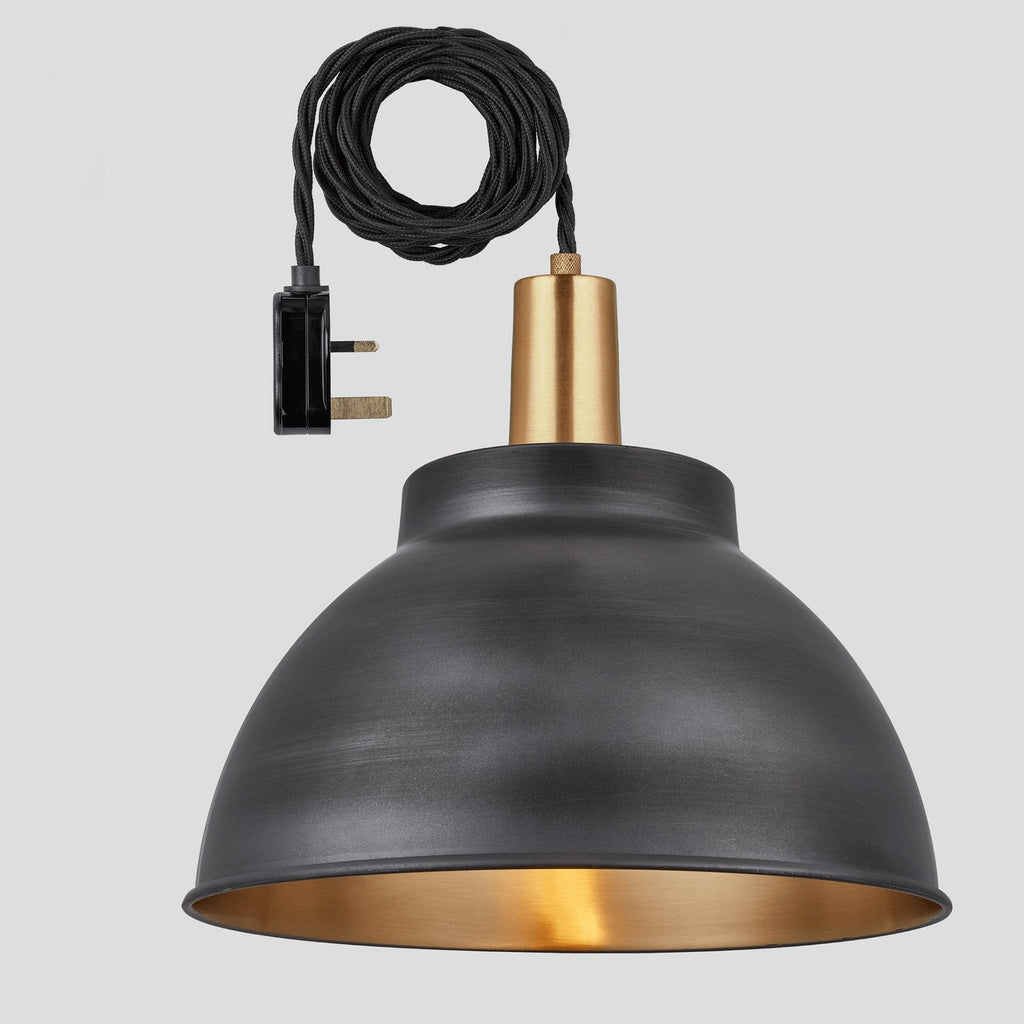 Sleek Dome Pendant - 13 Inch - Pewter & Brass - With Plug