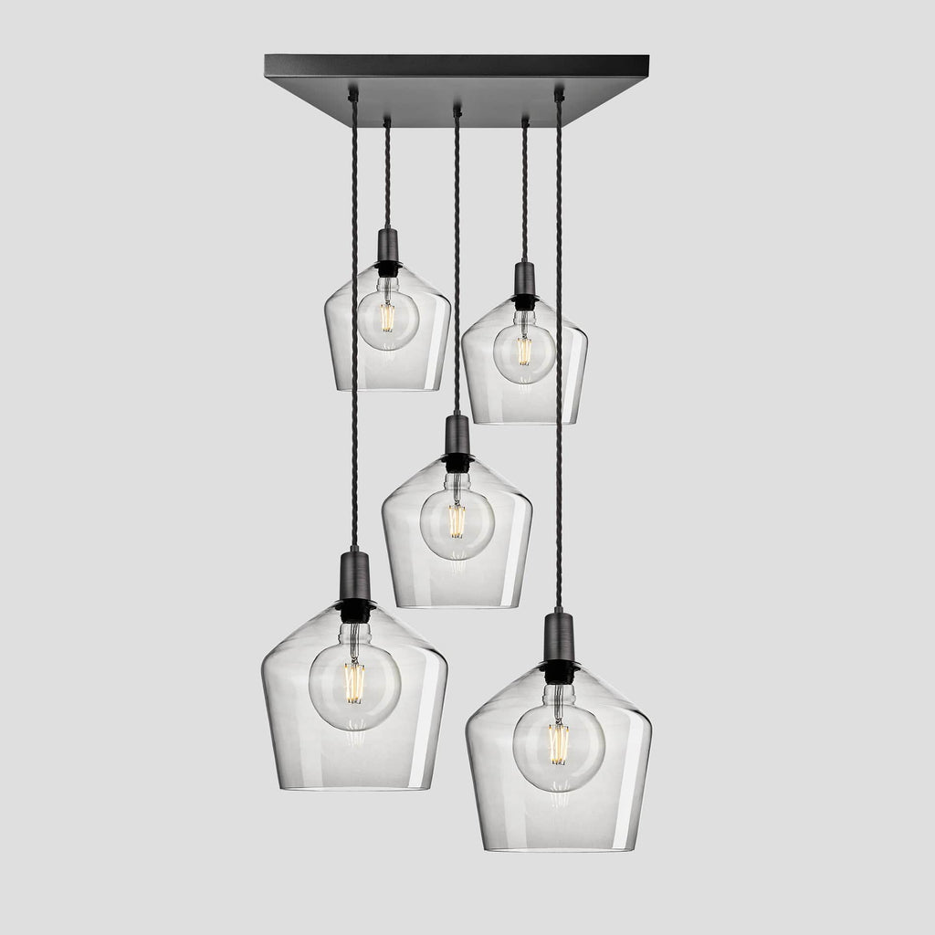 Sleek Tinted Glass Schoolhouse 5 Wire Square Cluster Lights - 10 inch - Smoke Grey-Ceiling Lights-Yester Home