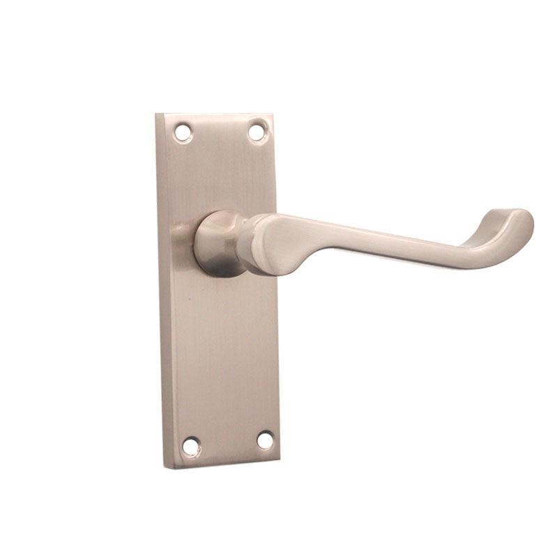 Victorian Scroll Latch Lever Handle 115mm Satin Nickel-Levers on Backplate-Yester Home