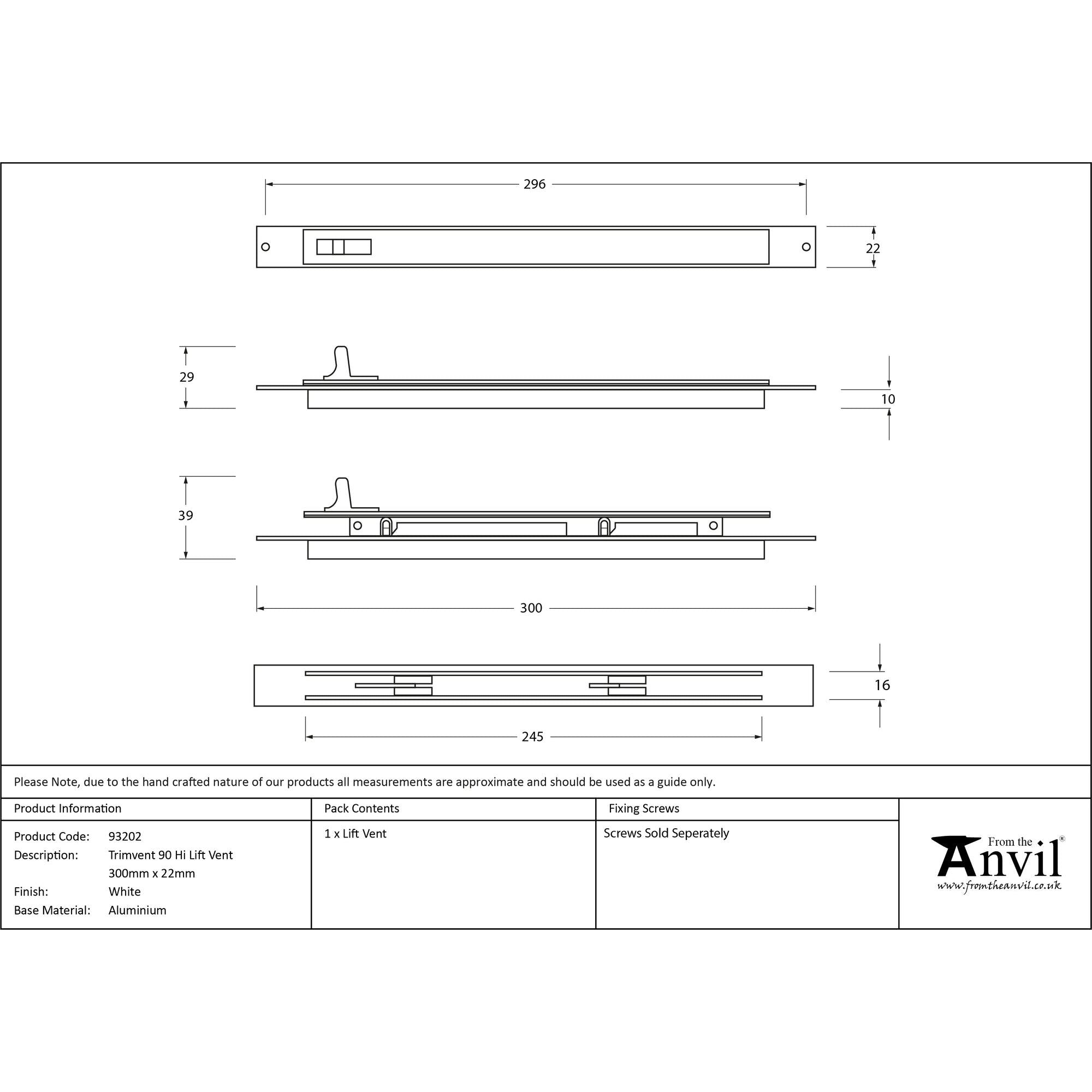 White Trimvent 90 Hi Lift Vent 300mm x 22mm | From The Anvil - Window Ventilation - From The Anvil - Yester Home