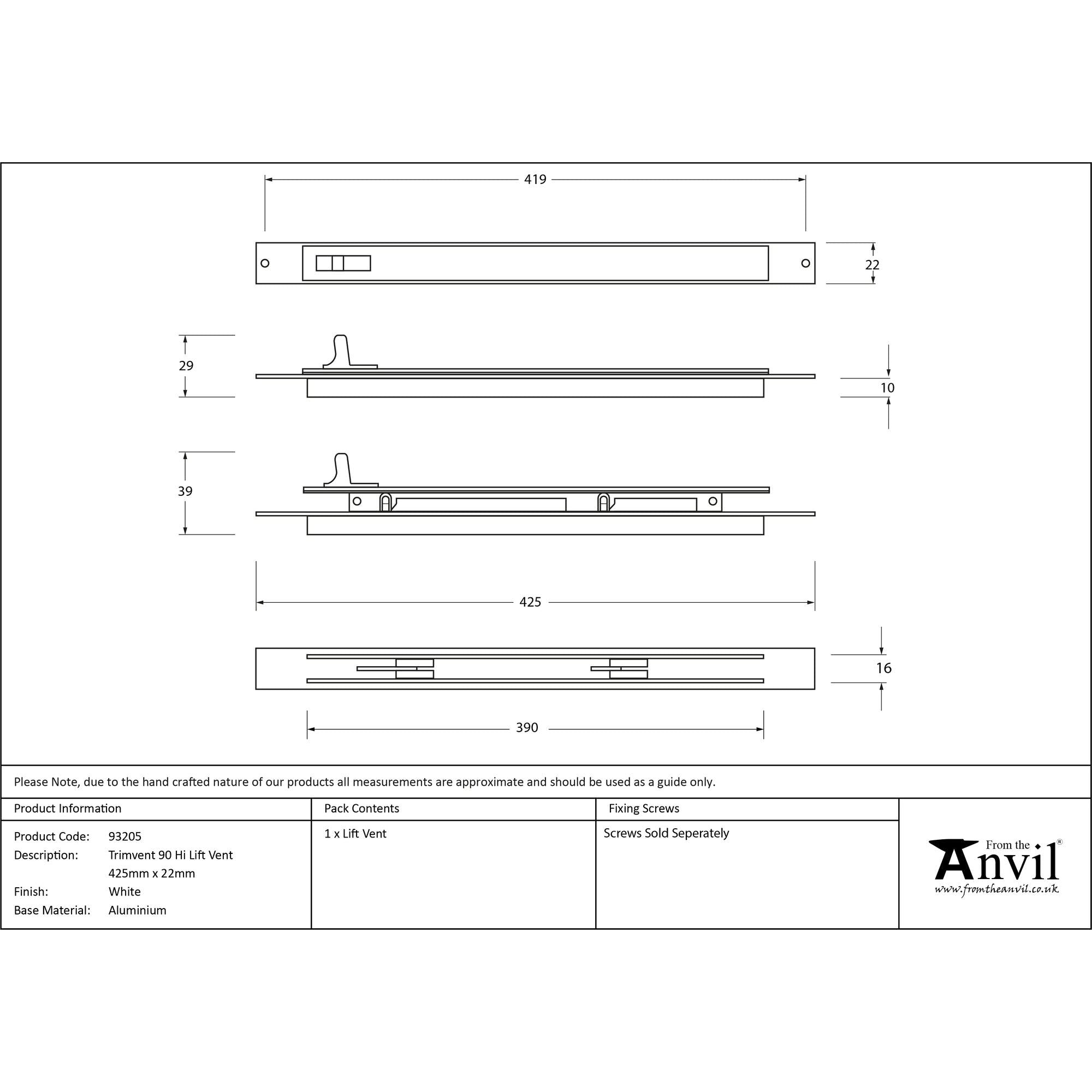 White Trimvent 90 Hi Lift Vent 425mm x 22mm | From The Anvil - Window Ventilation - From The Anvil - Yester Home